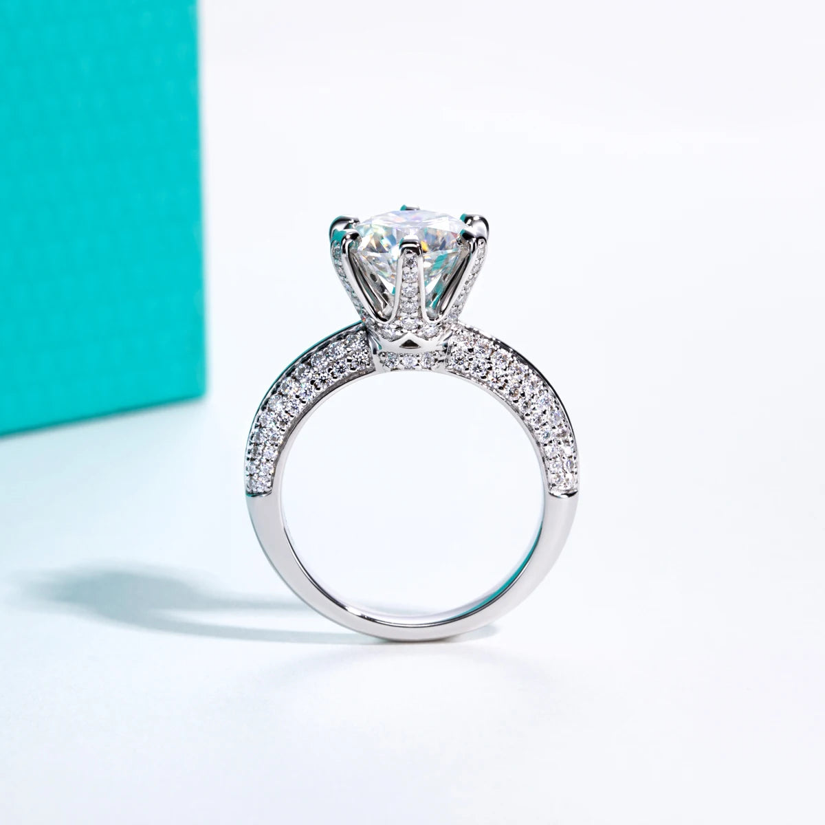 The Wyre Ring lifestyle — 3ct round moissanite worn on finger — Aurora Moissanite